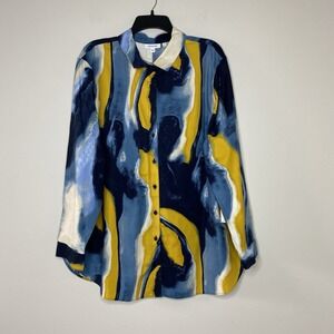 Chico's Abstract Wave Print Button-Down Shirt in Blue, Navy & Yellow